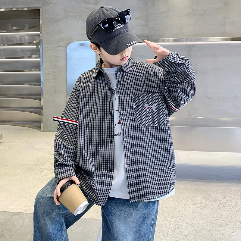 男童衬衫春秋款2025新款秋装儿童格子衬衣中大童上衣男孩薄款外套