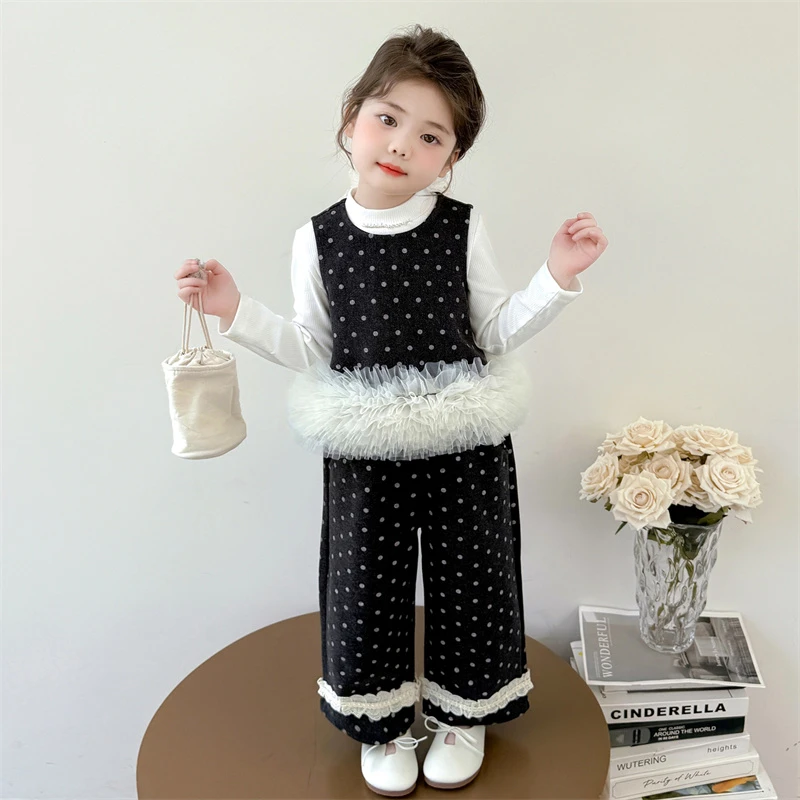 女童针织法波点小香风秋季暗扣套装2025新款中小童甜美洋气三件套