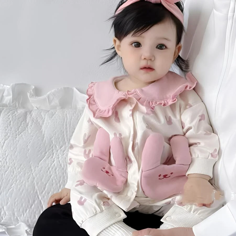 春秋新款可爱风花边洋气波点兔爬服婴儿春秋女童A类连体衣