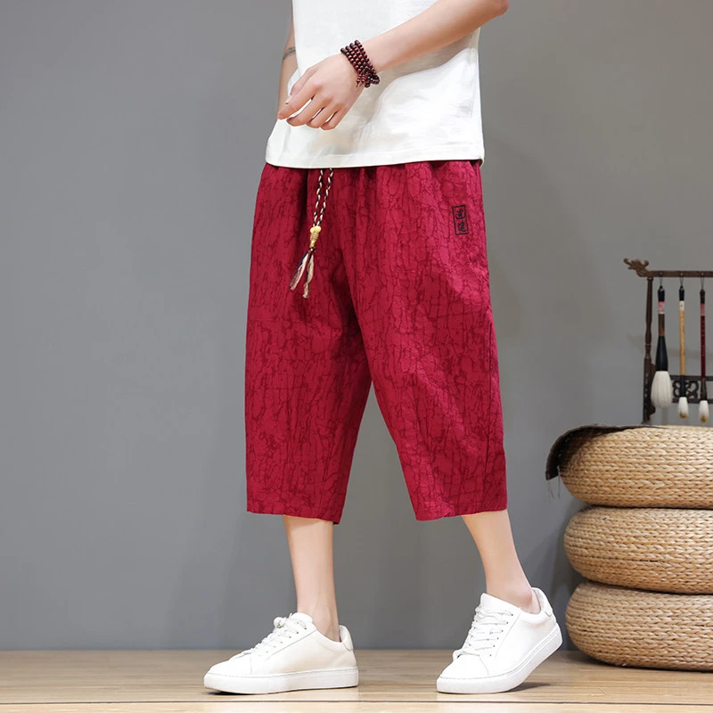 新中式男裤子夏季薄款棉麻七分裤中国风刺绣大码宽松透气沙滩短裤
