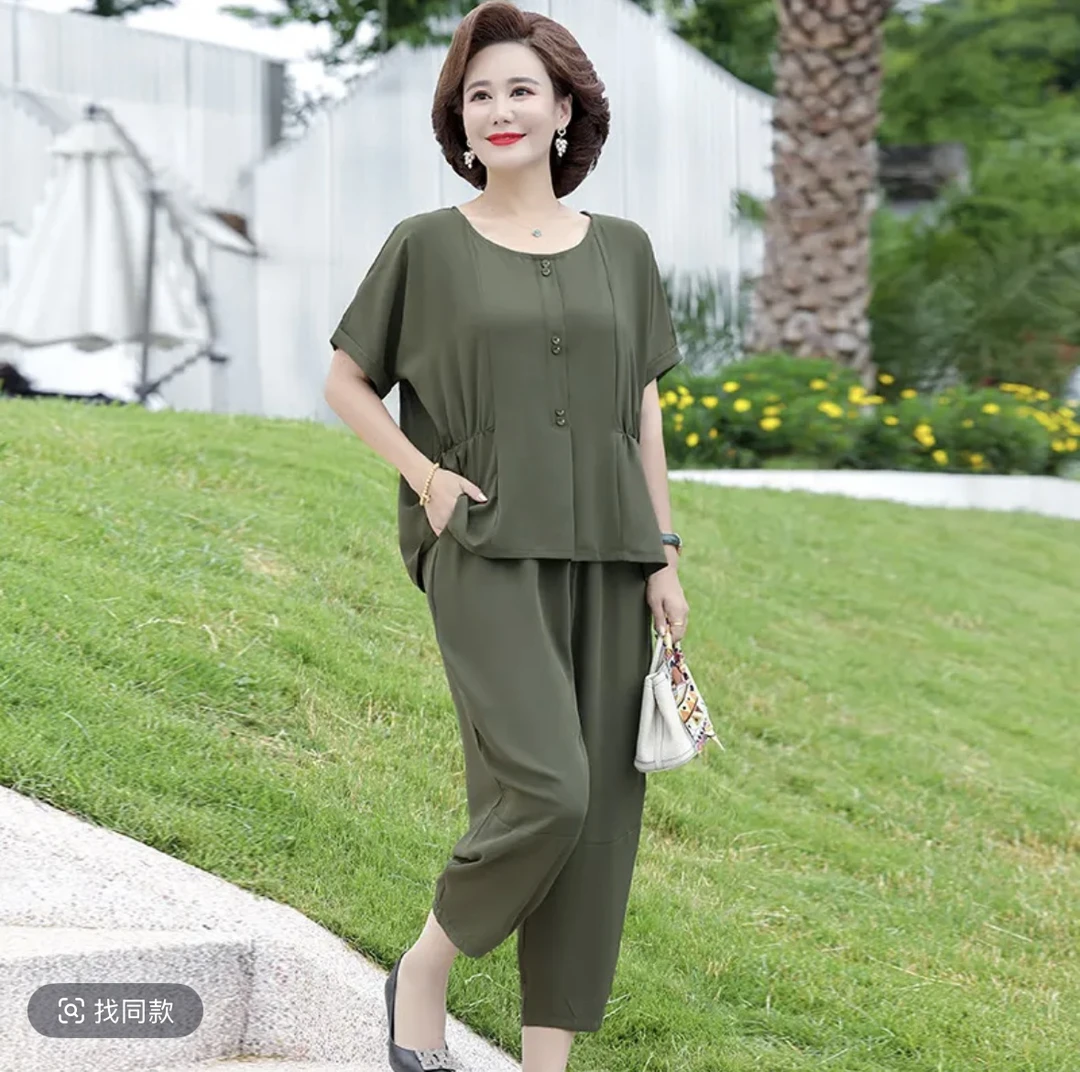6113中老年妈妈夏季时尚休闲短袖T恤加休闲裤套装