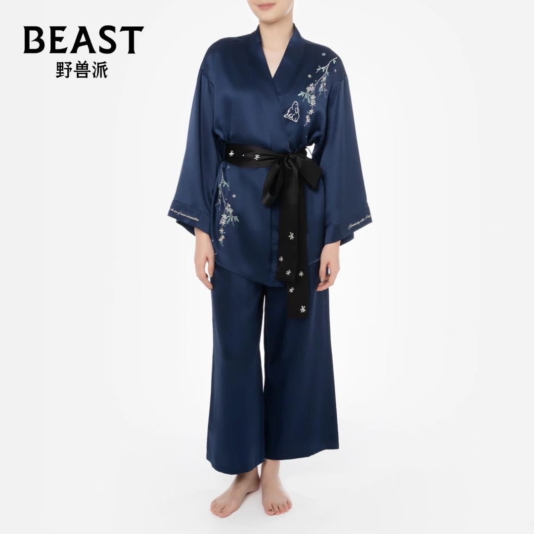 BEAST/野兽派【新品】桂花乌龙藏青色真丝短睡袍套装（升级版）家居服