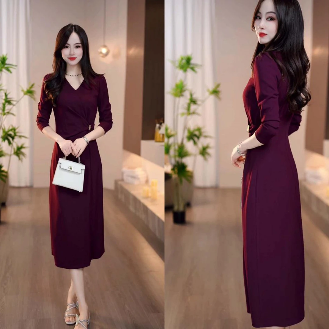 2025秋季新款樱桃红色V领收腰系带优雅时尚气质显瘦连衣裙M-4XL