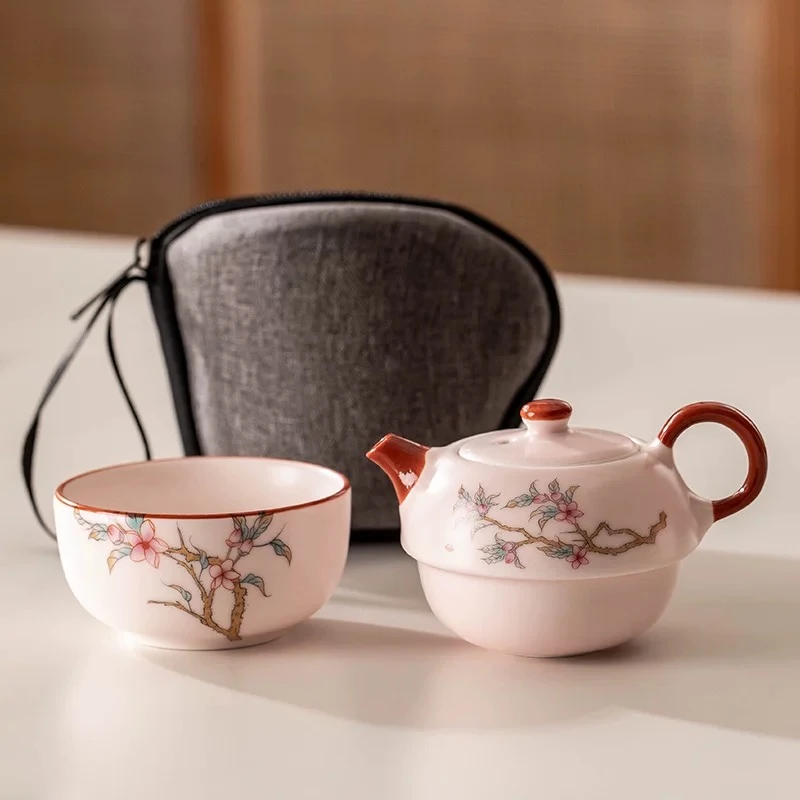 粉汝【桃花】女生个人泡-带包 1壶1杯陶瓷泡茶便携旅行套 C0893