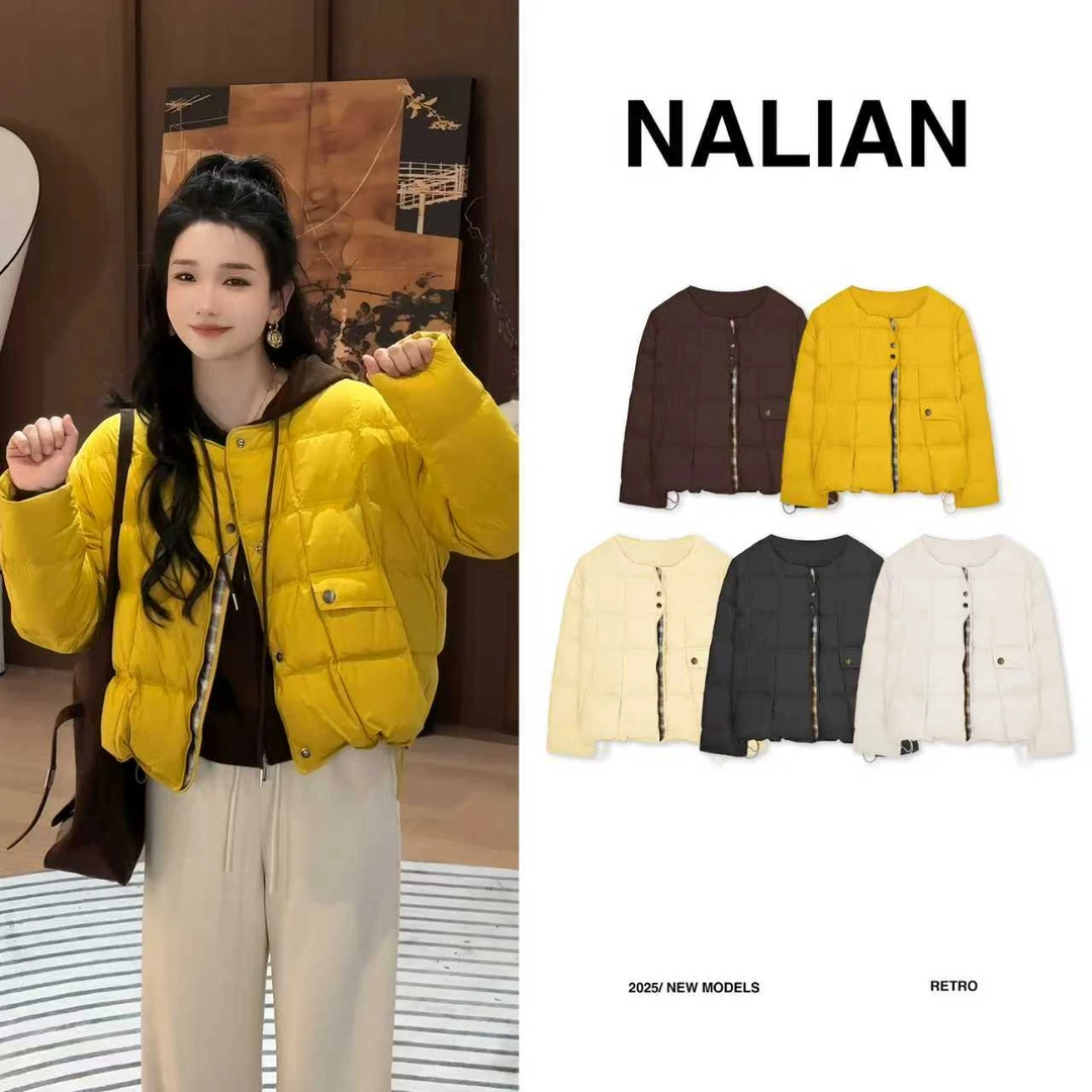 RD888#圆领拼接格子羽绒服外套888