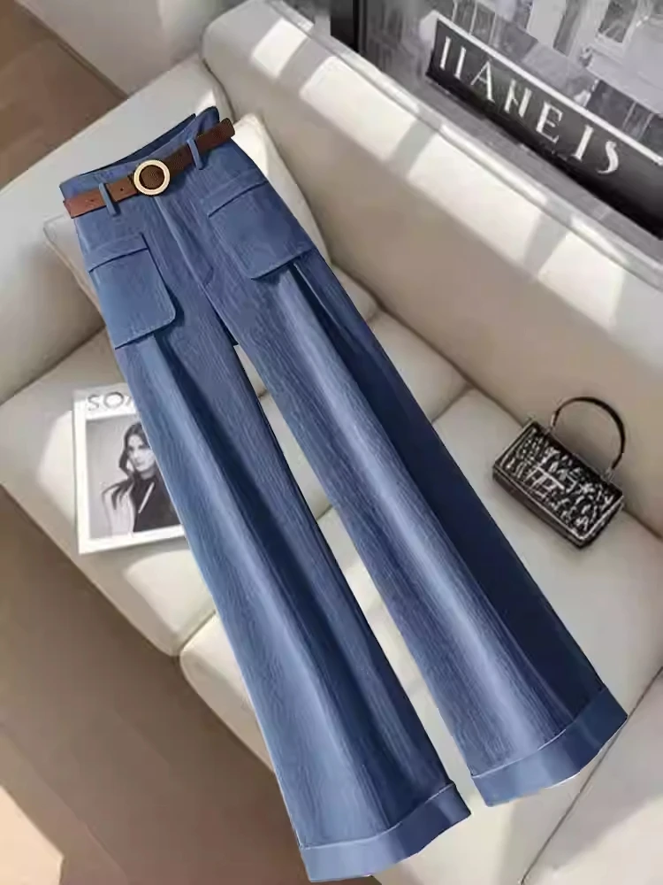 蓝色阔腿裤女冬季新款时尚洋气百搭垂感小个子高腰显瘦直筒休闲裤