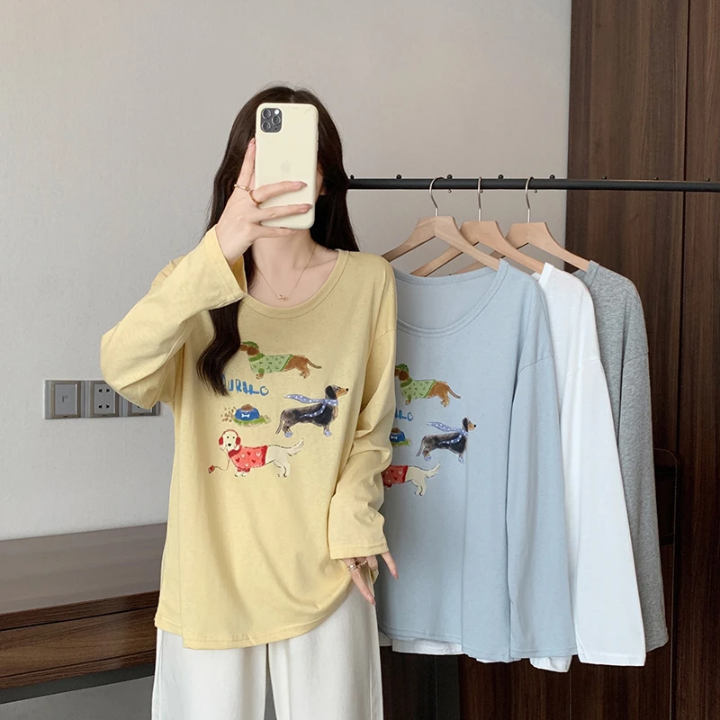 2025早秋新款胖mm大码女时尚减龄印花小狗圆领长袖T恤