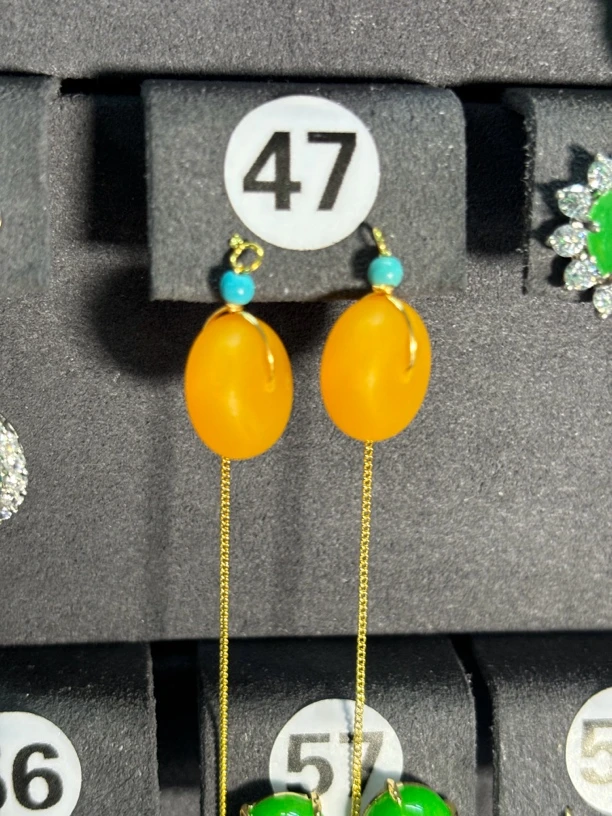 天然俄料蜜蜡平安扣耳线鸡油黄925银镀18K金防过敏耳坠琥珀 47