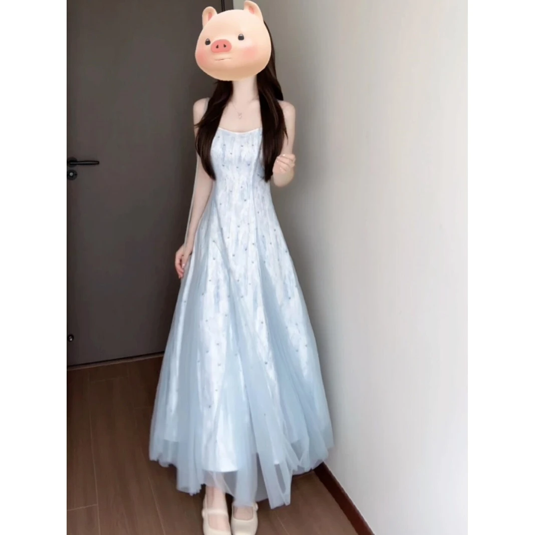 parkyeon多巴胺显白浅蓝色网纱吊带连衣裙女海边度假沙滩碎花裙