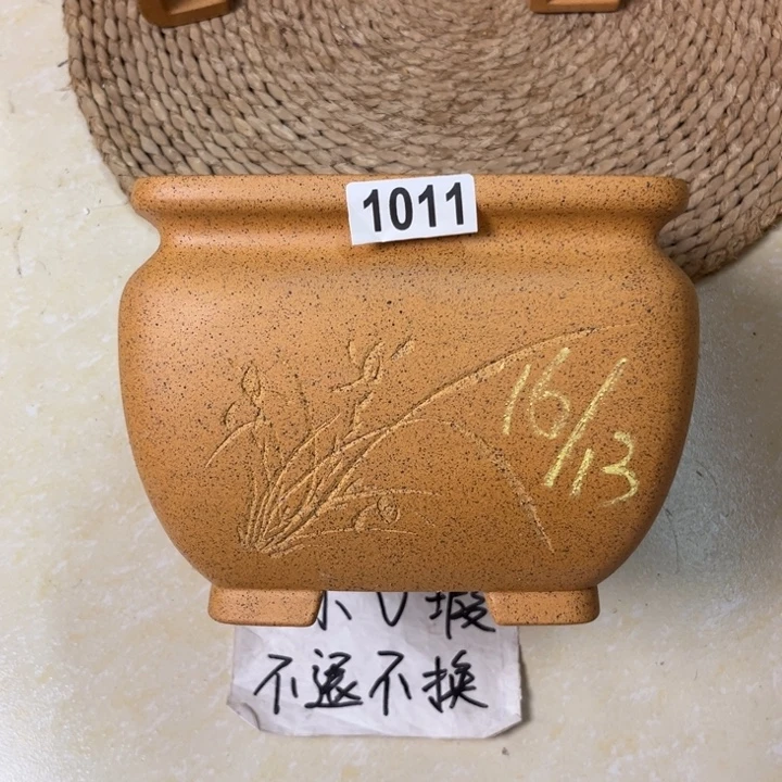 紫砂花盆微微瑕柴烧束口四方1011