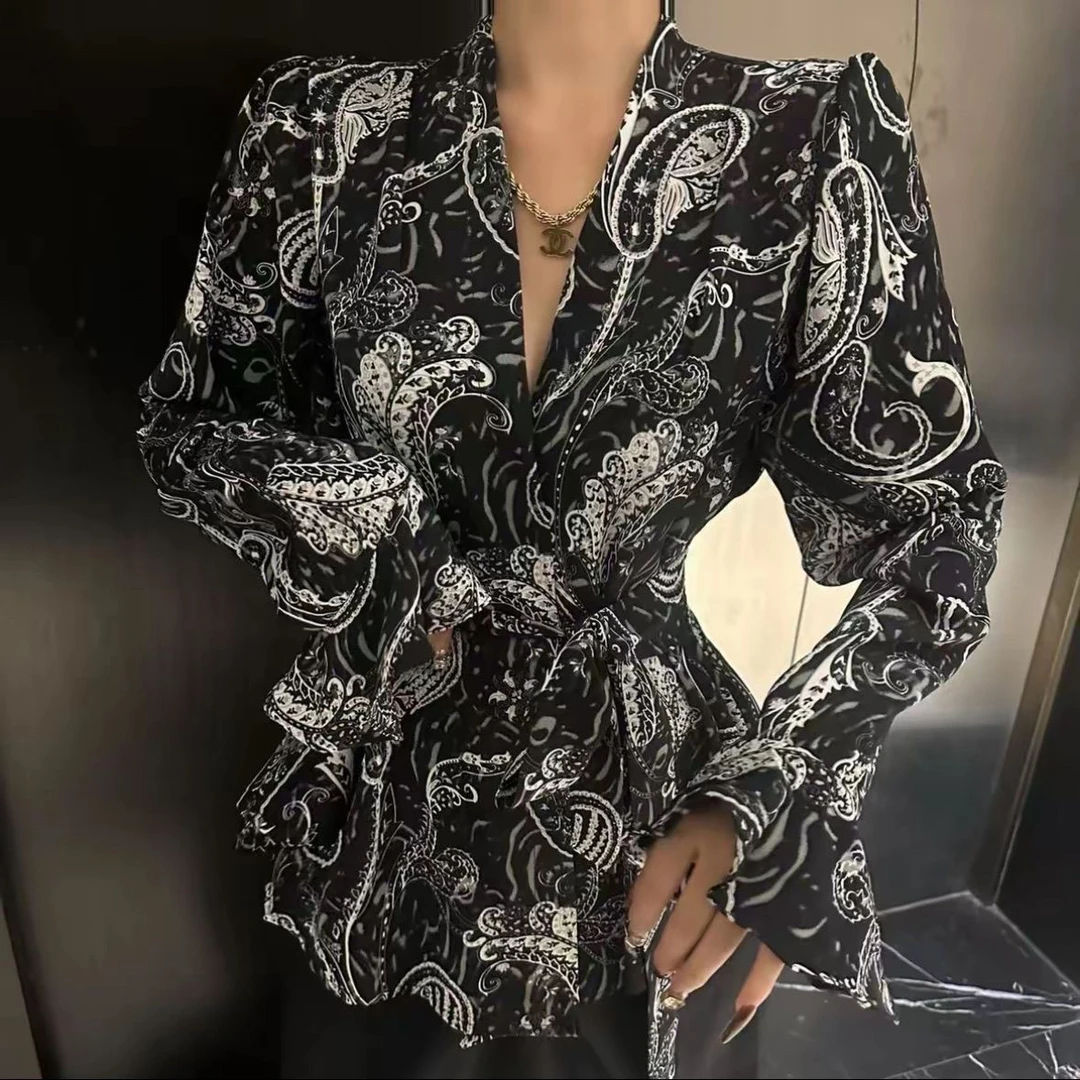 法式早秋豹纹印花V领长袖收腰显瘦女士衬衫外套