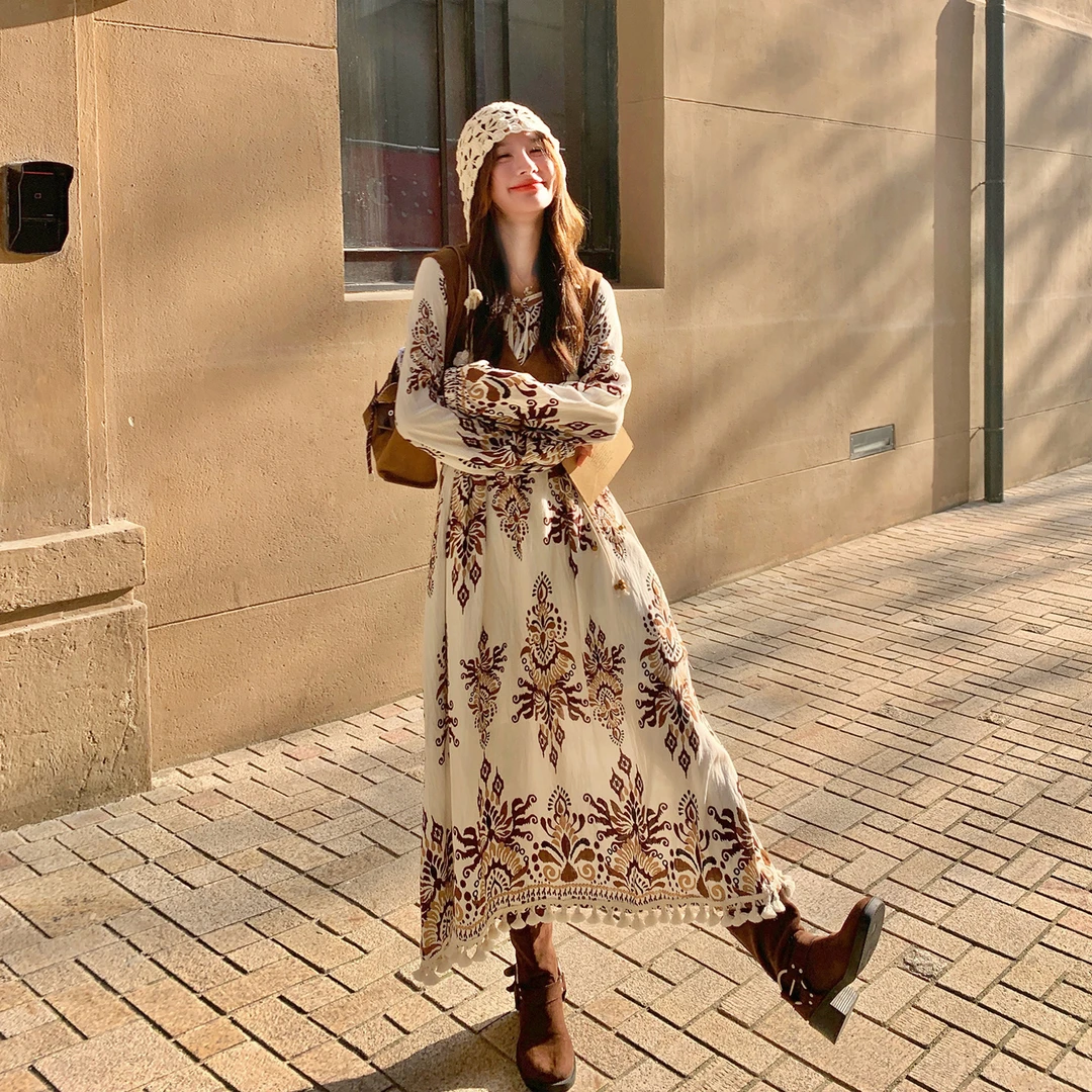 游牧波西米亚民族风马甲印花连衣裙套装2025早秋复古气质潮两件套