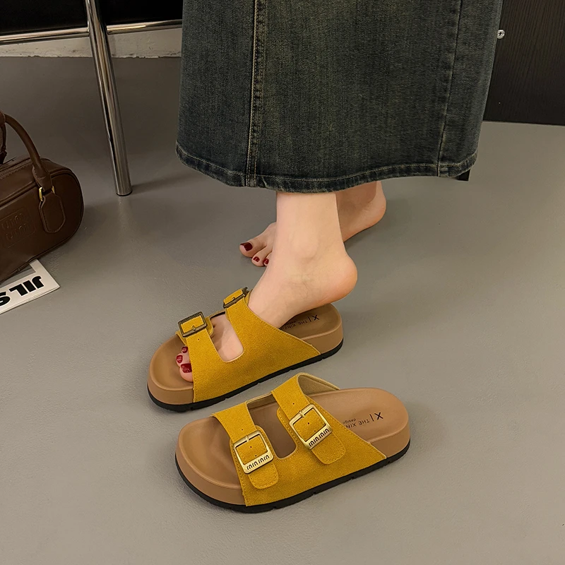 韩版厚底增高勃肯一字凉拖鞋女2025新款夏季外穿复古软底沙滩凉鞋