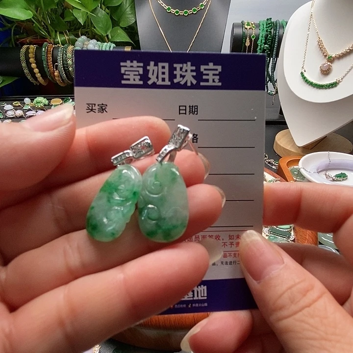 银S925镶嵌翡翠耳饰丽**川飘花如意耳钉