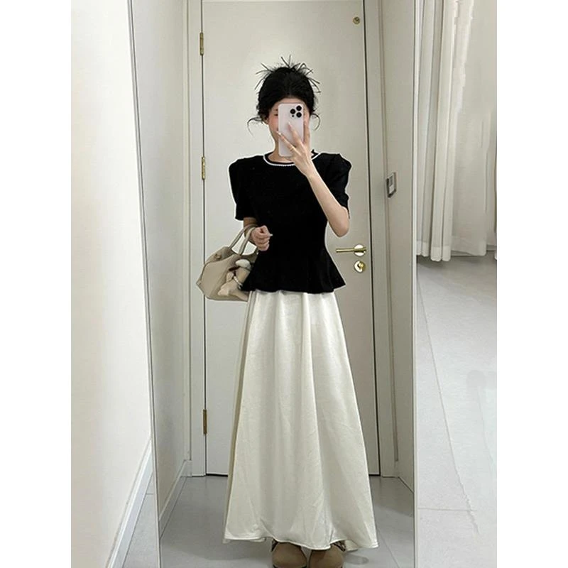 贵气高档两件套女夏季新款设计感修身珍珠领口小衫A版大摆裙套装