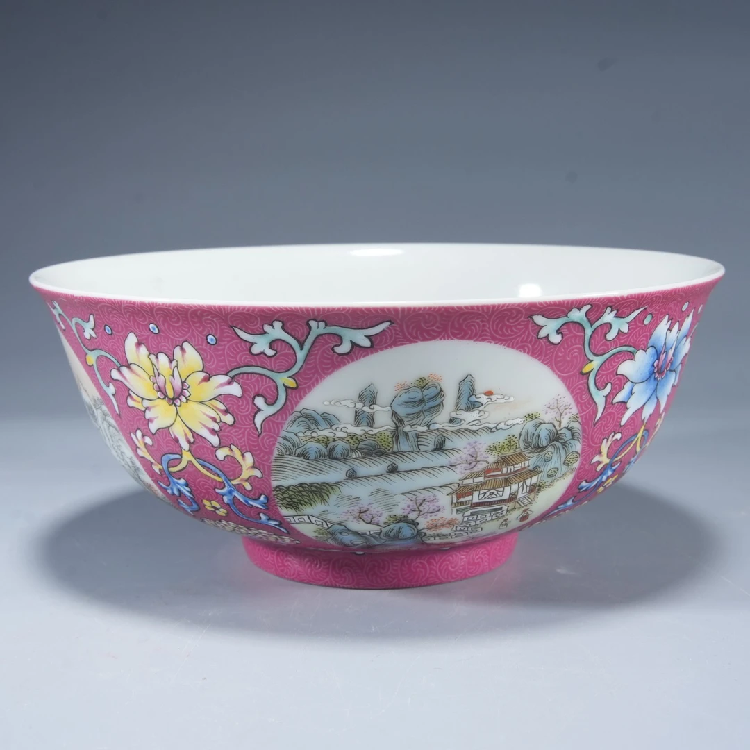 h538/清道光（官） 粉彩轧道开光山水人物图碗【华豫之门甄选】