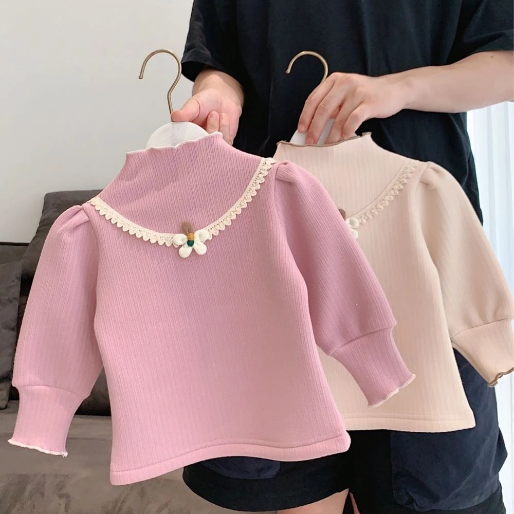 长袖纯色高领冬季T恤女宝童装加绒秋装女孩女童韩版春秋