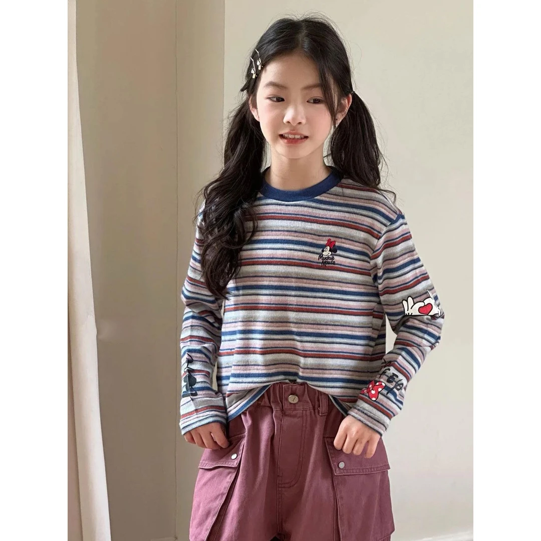 女童长袖T恤儿童春秋装2025新款薄款圆领条纹打底衫女孩时髦上衣