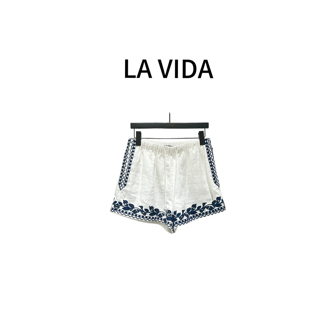 LA VIDA-[青花瓷]苎麻刺绣松紧腰短裤
