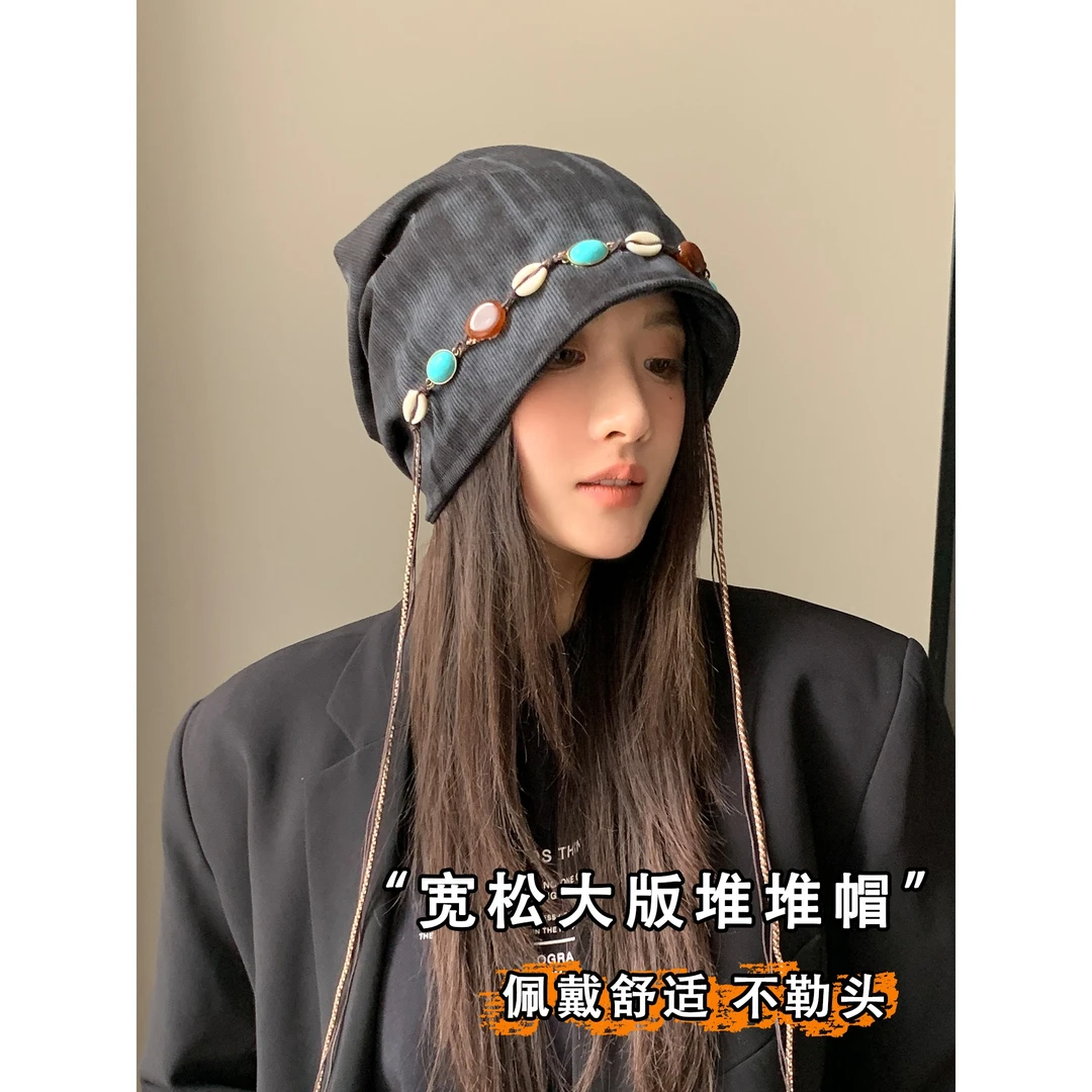 复古串珠流苏包头帽子女春秋季新款透气百搭显脸小民族风堆堆帽潮