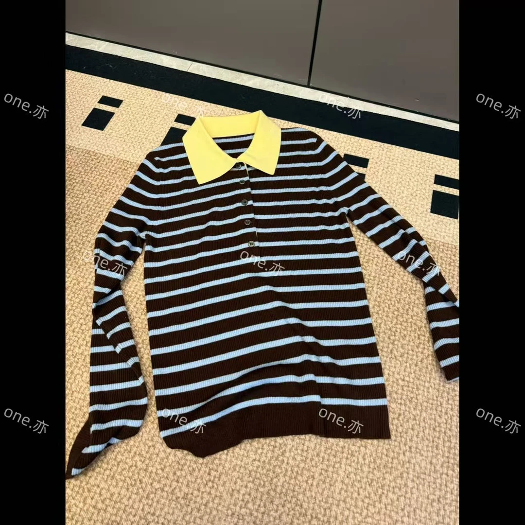 【一个亦】拼接撞色领条纹上衣N/8005