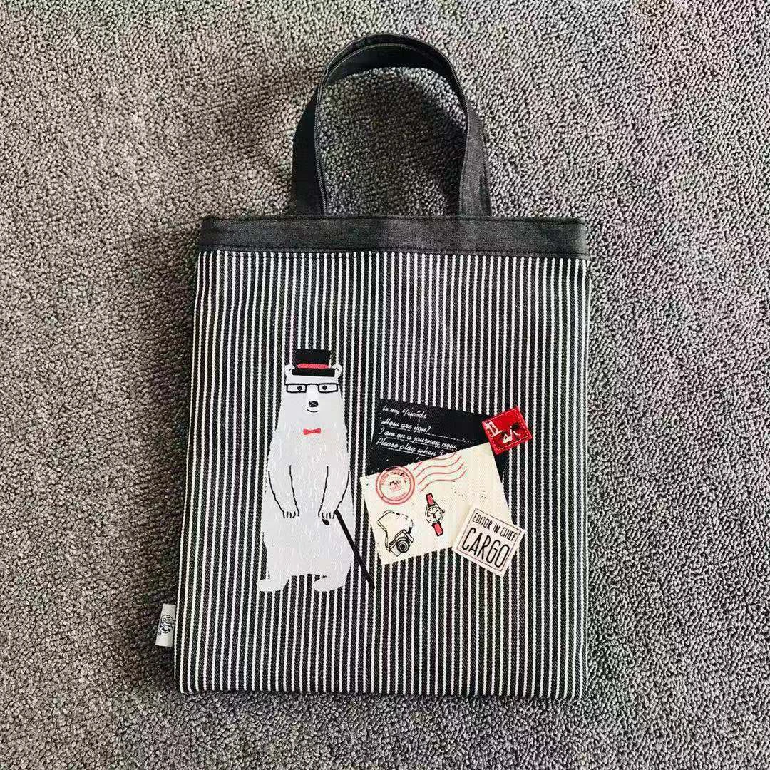 日本kusuguru刺绣熊先生高品质手提条纹包学生补习包ipad包 09377