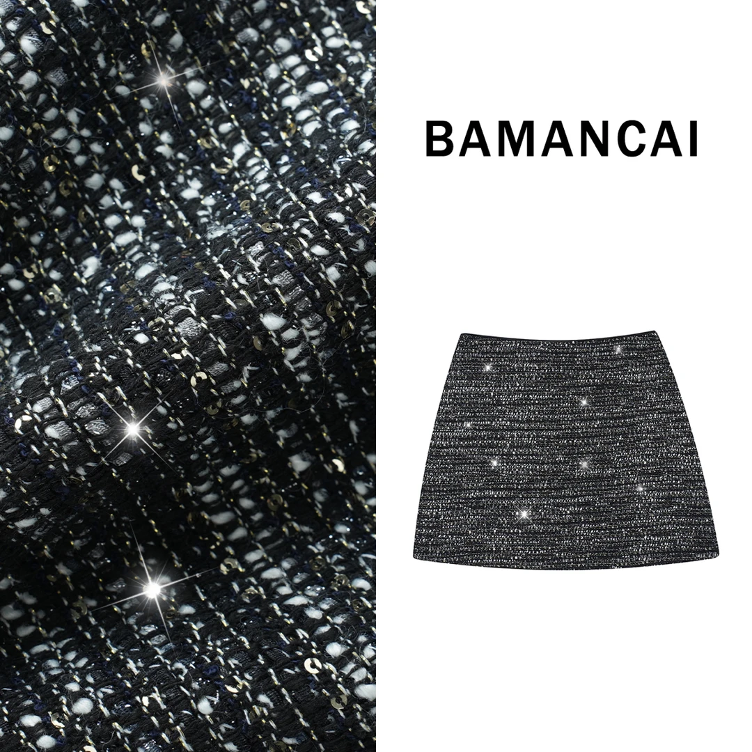 Bamancai-设计感小众轻奢重工璀璨亮片夹花法式气质高腰A字半身裙