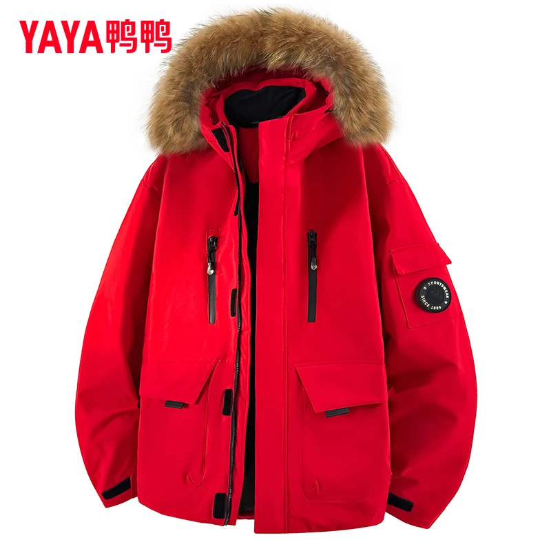YAYA/鸭鸭羽绒服男女同款2025冬新品工装派克大毛领加厚保暖外套