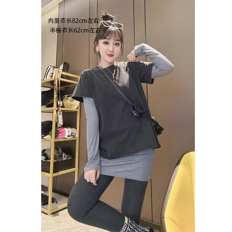 韩系时尚砂洗做旧叠穿真两件T恤2025春季新款宽松显瘦百搭上衣