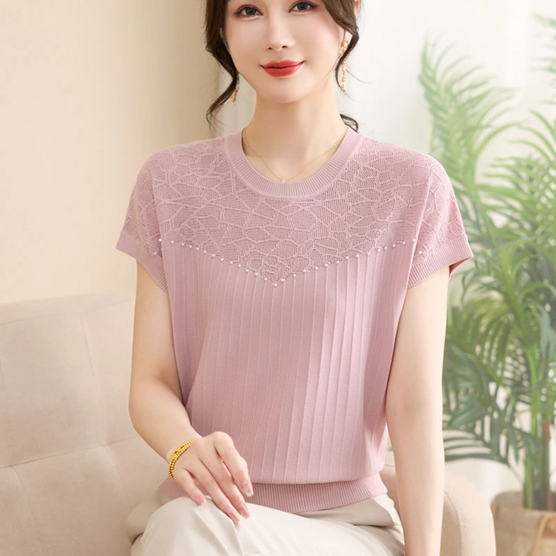 2025洋气中老年女装冰丝打底小衫夏装短袖T恤妈妈宽松针织薄上衣