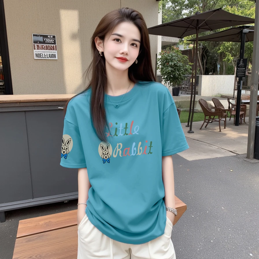 【兔子徽章】宽松短袖T恤休闲显瘦印花圆领时尚休闲百搭上衣夏季