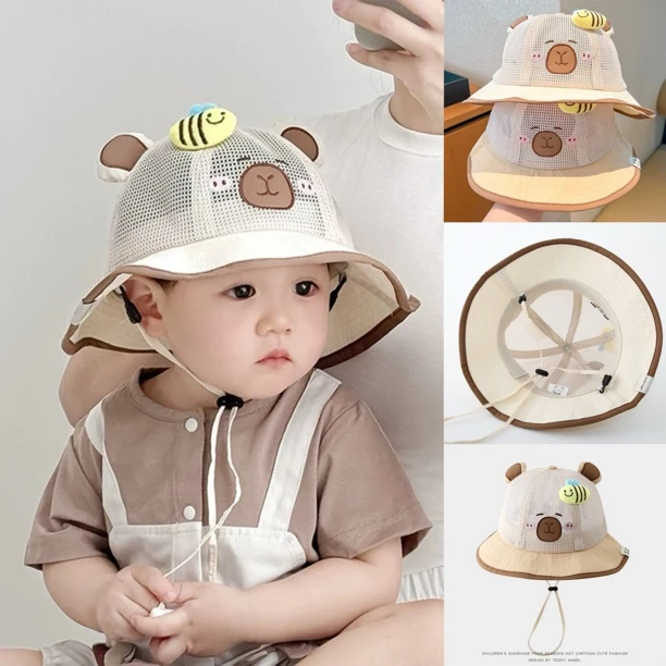 卡皮巴拉网纱渔夫帽儿童夏季薄款防晒帽2025新款宝宝户外遮阳帽子