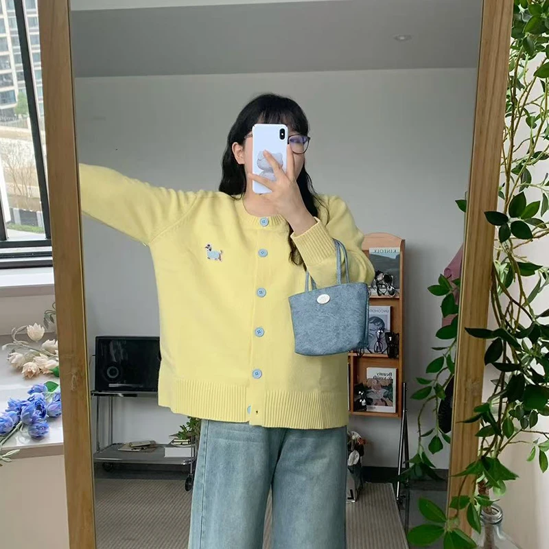 【C】秋季新款趣味小狗针织毛衣外套女慵懒风开衫上衣  3855
