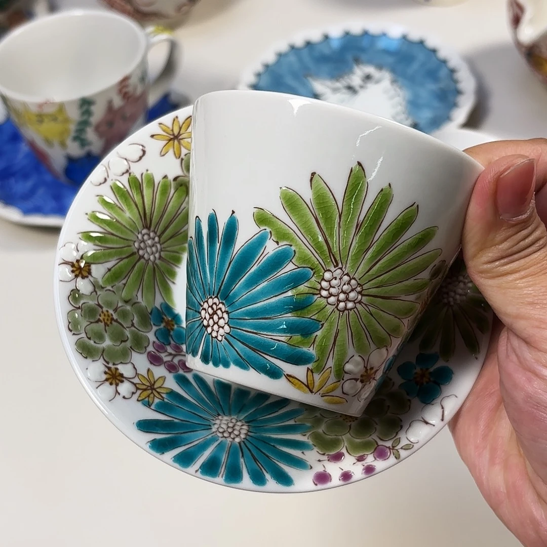 瓷        色绘游 咖啡杯碟