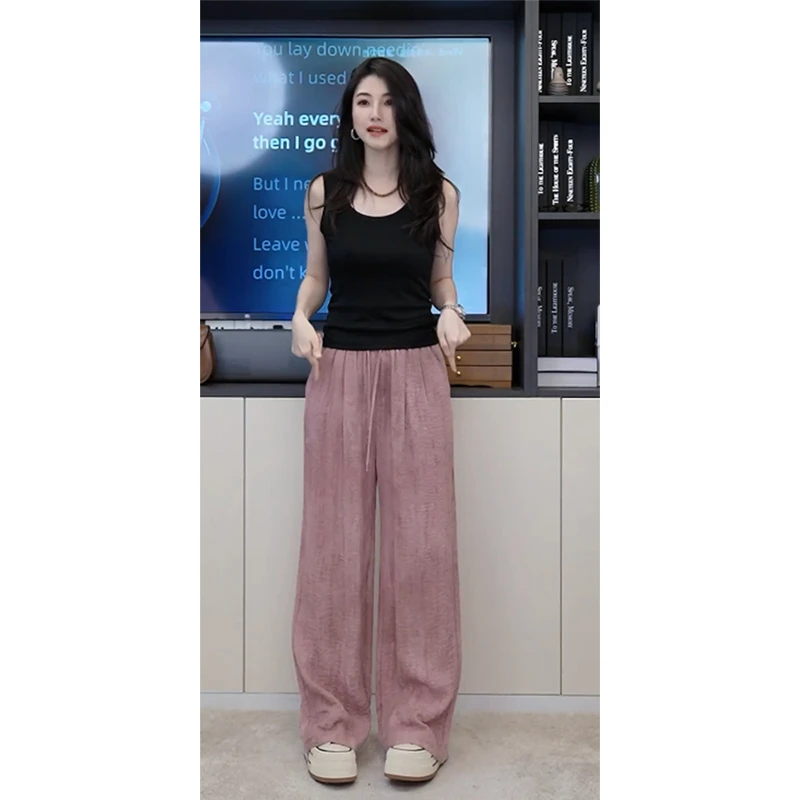 小乖逃Q新款粉色长裤双口袋阔腿裤松紧腰高腰抽绳240481