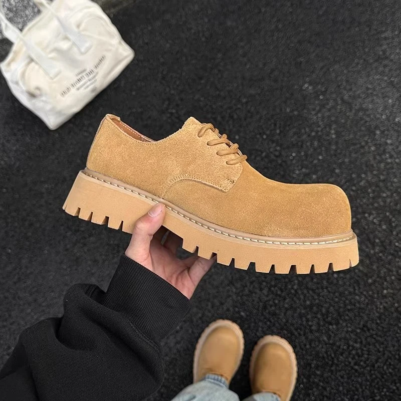 2025新款大黄靴男士低帮秋季休闲皮鞋厚底德比鞋cleanfit增高潮鞋