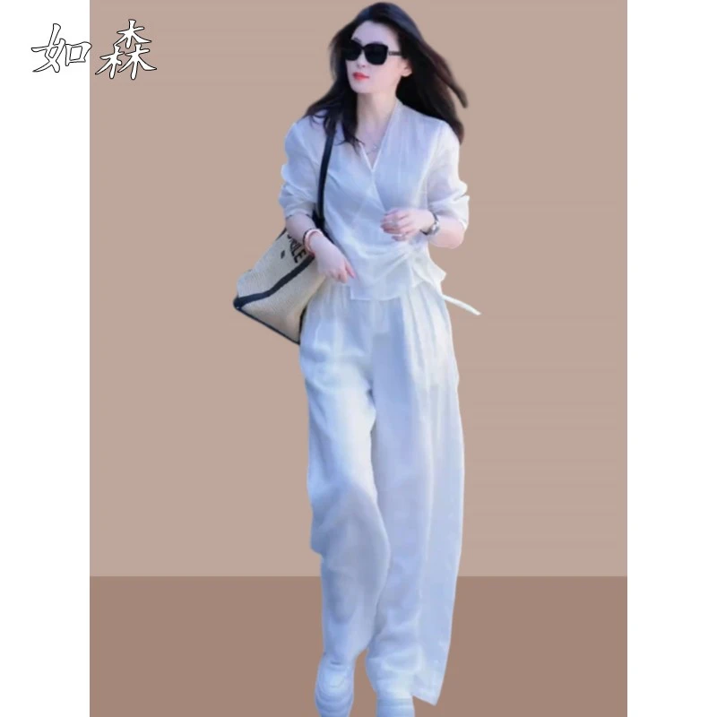 2025夏季新款女士透气休闲时尚套装亚麻系带上衣阔腿直筒裤两件套