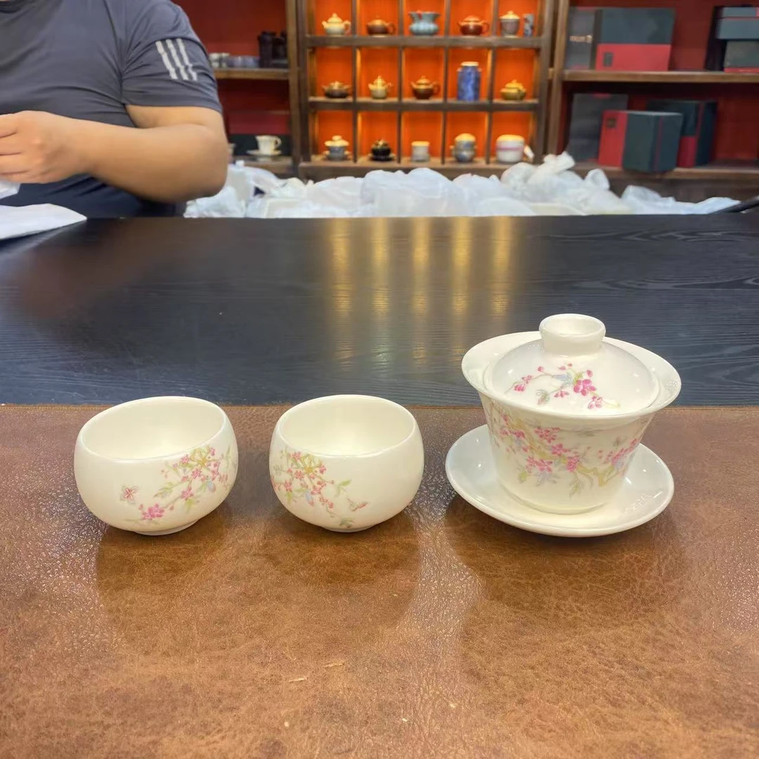 紫藤花羊脂玉瓷盖碗一壶一杯家用茶具