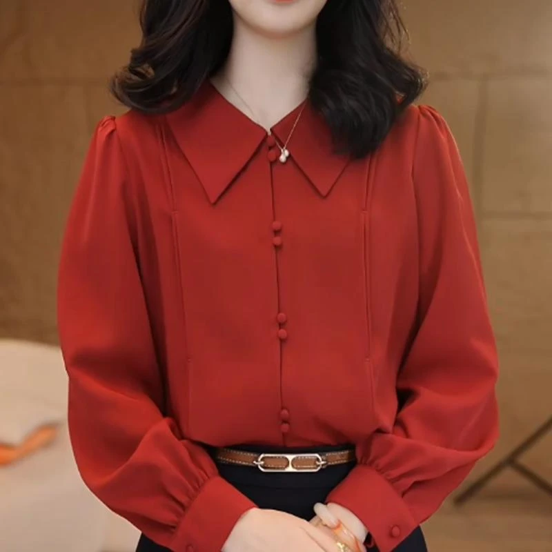春秋季新款酒红色翻领减龄娃娃领长袖雪纺衬衫女士纯色衬衣女上衣