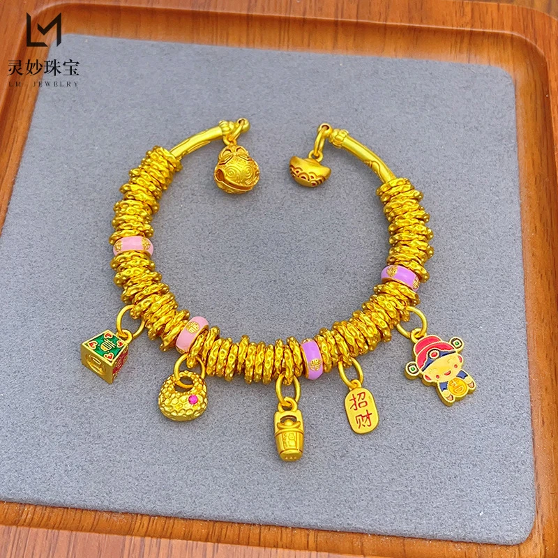 铜合金手镯 新中式古法金珐琅吉言称心如意葫芦盘缠手镯多宝手镯