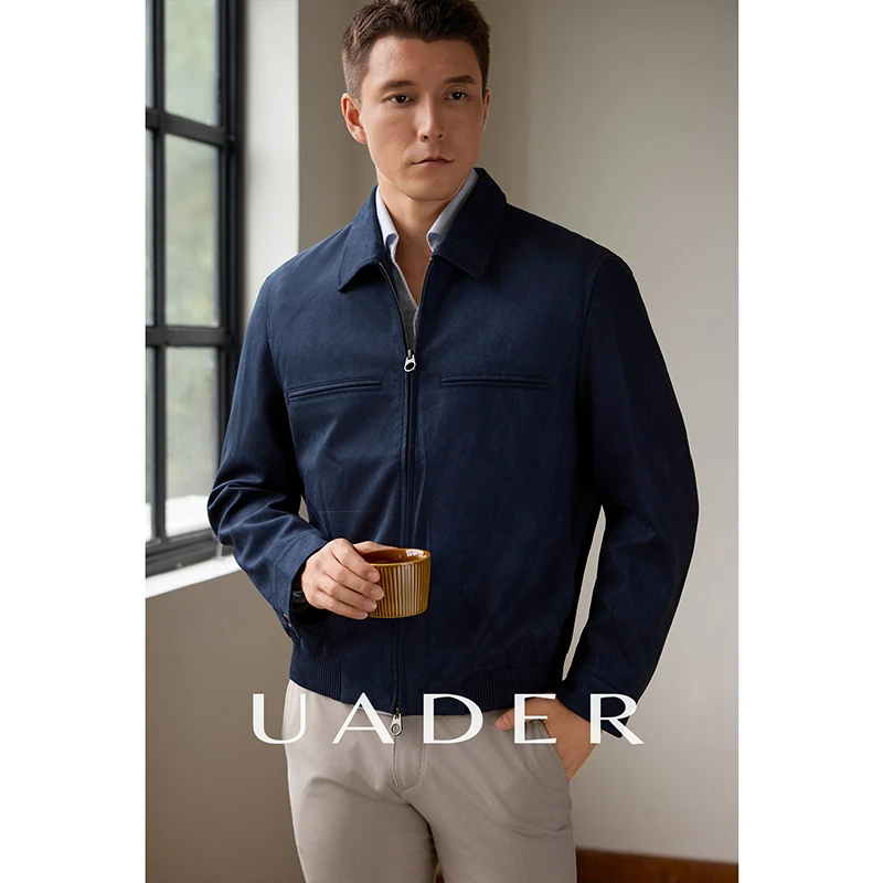 UADER美式复古休闲双拉链翻领夹克男士高端麂皮绒面料商务外套
