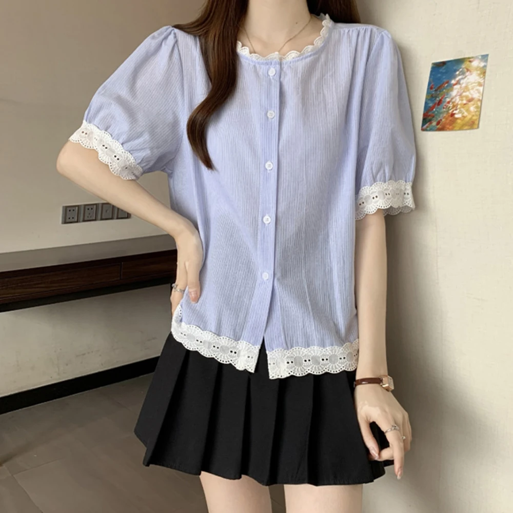 泡泡袖纯棉宽松蕾丝拼接短袖衬衫夏季女装时尚洋气休闲新款上衣潮