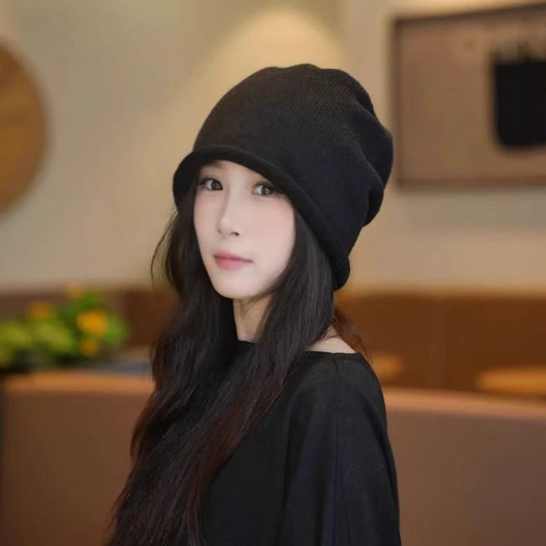 秋冬季针织毛线帽子女卷边抽绳大头围显脸小包头帽韩版百搭
