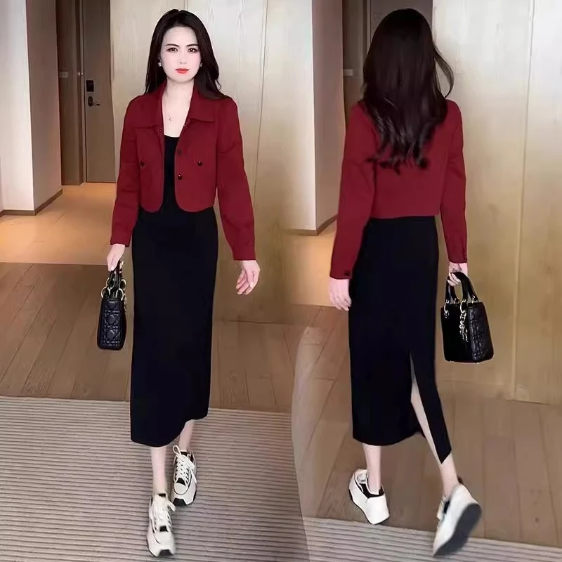 时尚套装裙女2025春季新款时髦减龄短款牛仔外套吊带连衣裙两件套