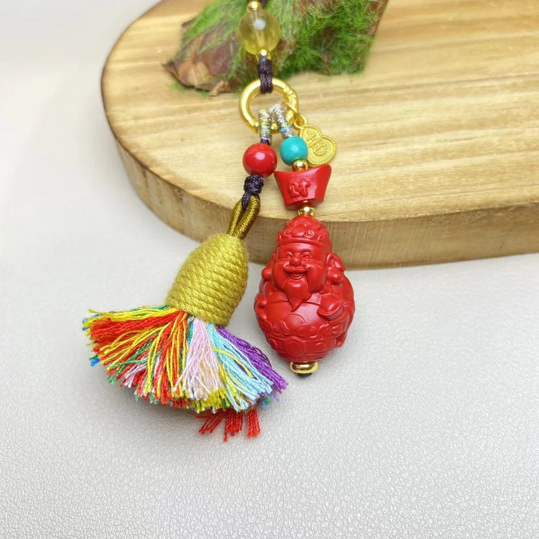 含辰砂工艺品保真高含量红砂设计款财神钥匙扣正品保真朱砂挂件
