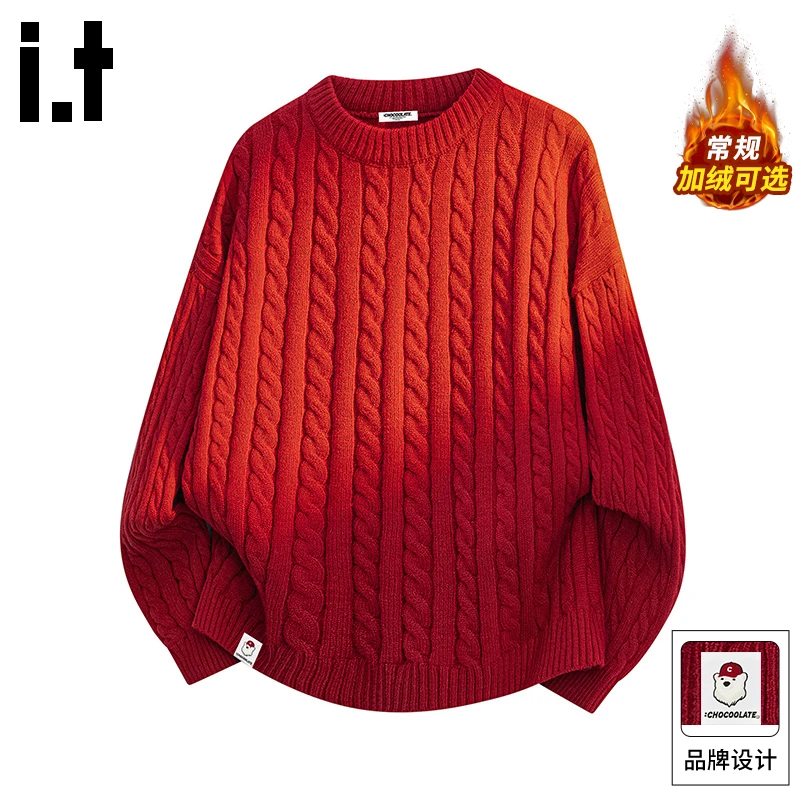it: CHOCOOLATE重磅圆领毛衣男冬季宽松日系纯色保暖粗麻花针织衫