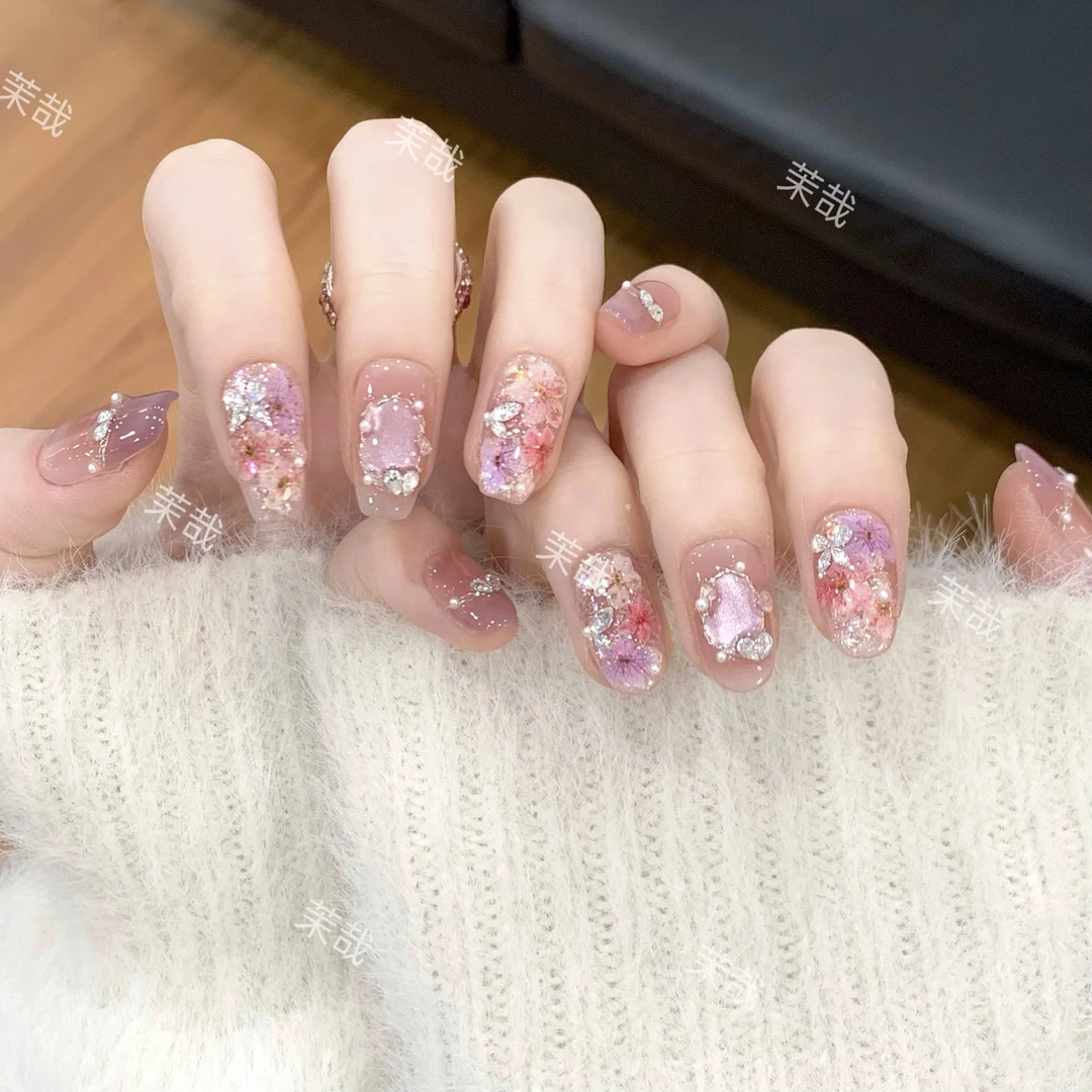 茉哉【春絮花语】纯手工定制美甲拆卸穿戴甲A3705