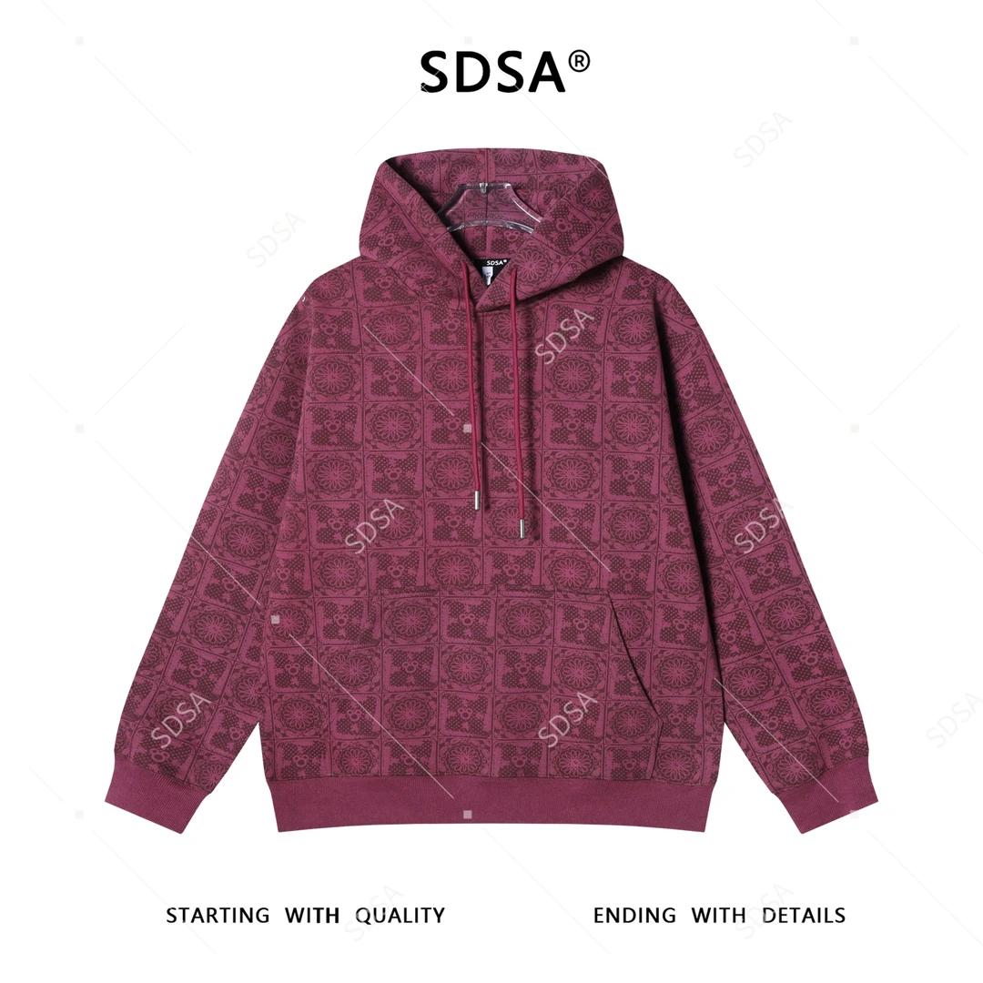 SDSA男士秋冬新款痞帅男装时尚花卉印花抽绳连帽卫衣百搭