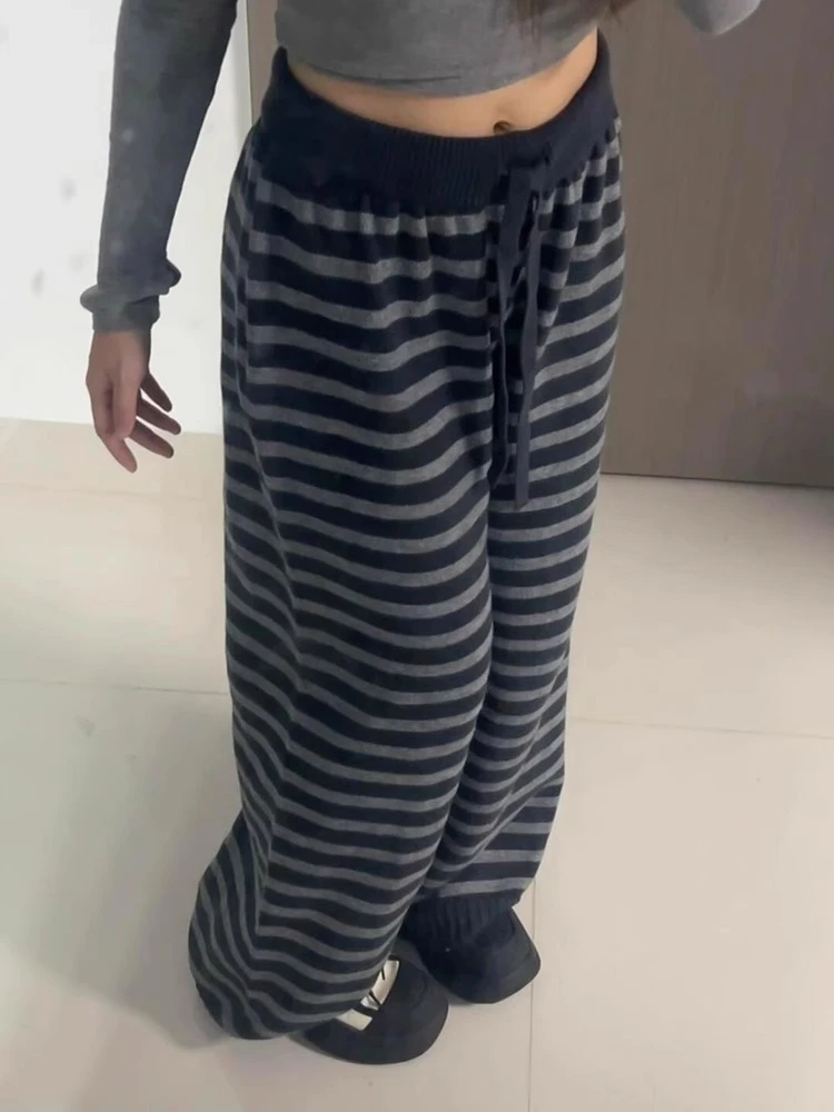 设计感条纹针织阔腿裤女秋冬新款显瘦宽松bf慵懒松弛感直筒休闲裤