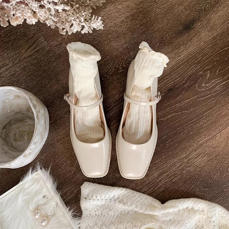 『万达撤柜』明星同款气质方头显瘦一字带浅口通勤粗高跟玛丽珍单